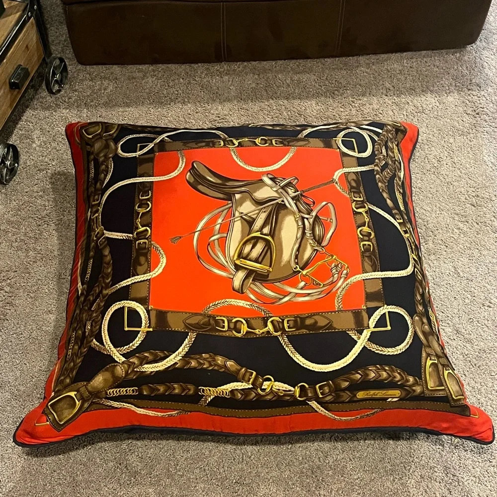 Ralph Lauren Equestrian Saddle Silk Linen Floor Pillow 37”x37” Huge Made in USA